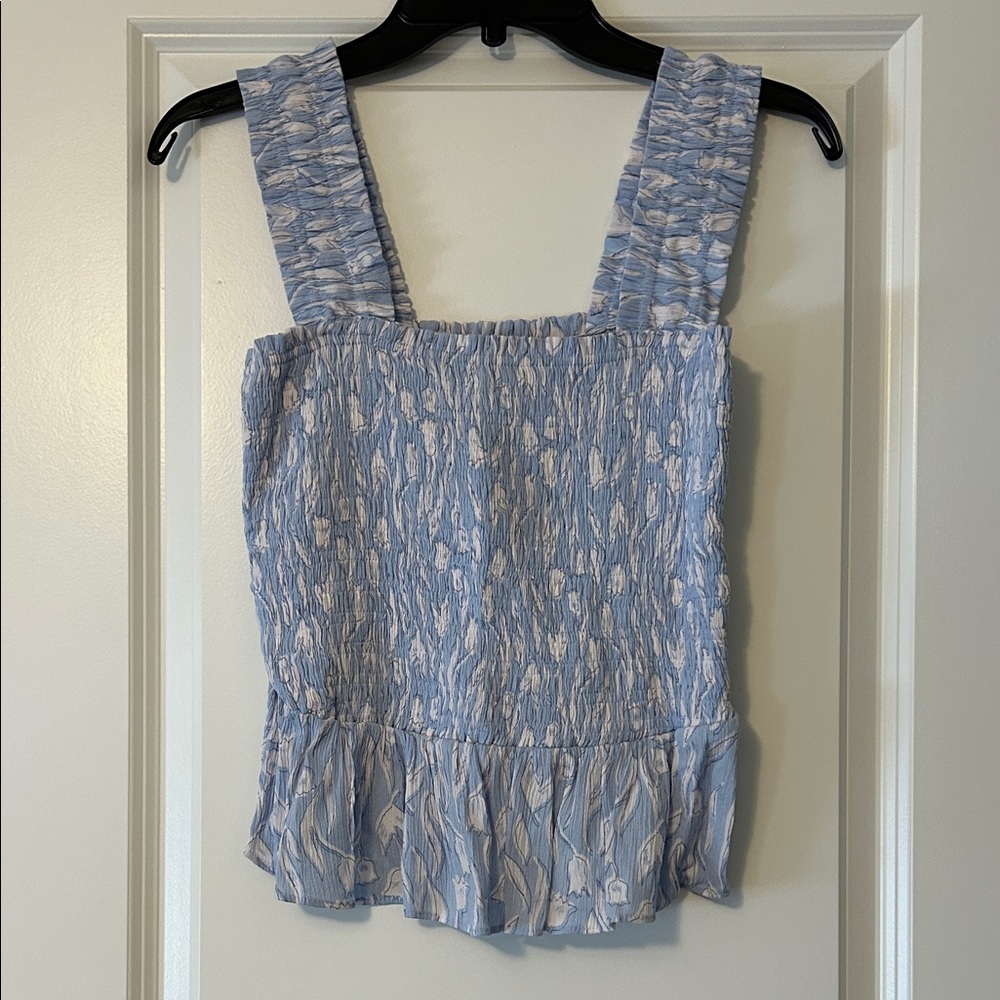 LC Lauren Conrad Smocked Square-Neck Tank Top in Light Blue Floral